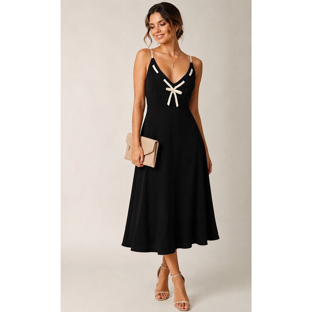 Maggy London Black Midi Dress Bow Detail NWT Size 10 Cocktail